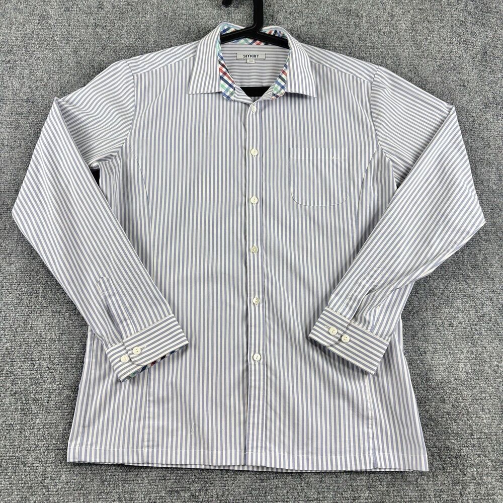 Smart Shirt Mens 100 L Blue White Stripe Long Sleeve Button Down Pocket